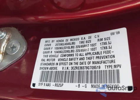 2009 Honda Cr-V Lx from USA, damaged, VIN 3CZRE38379G709519